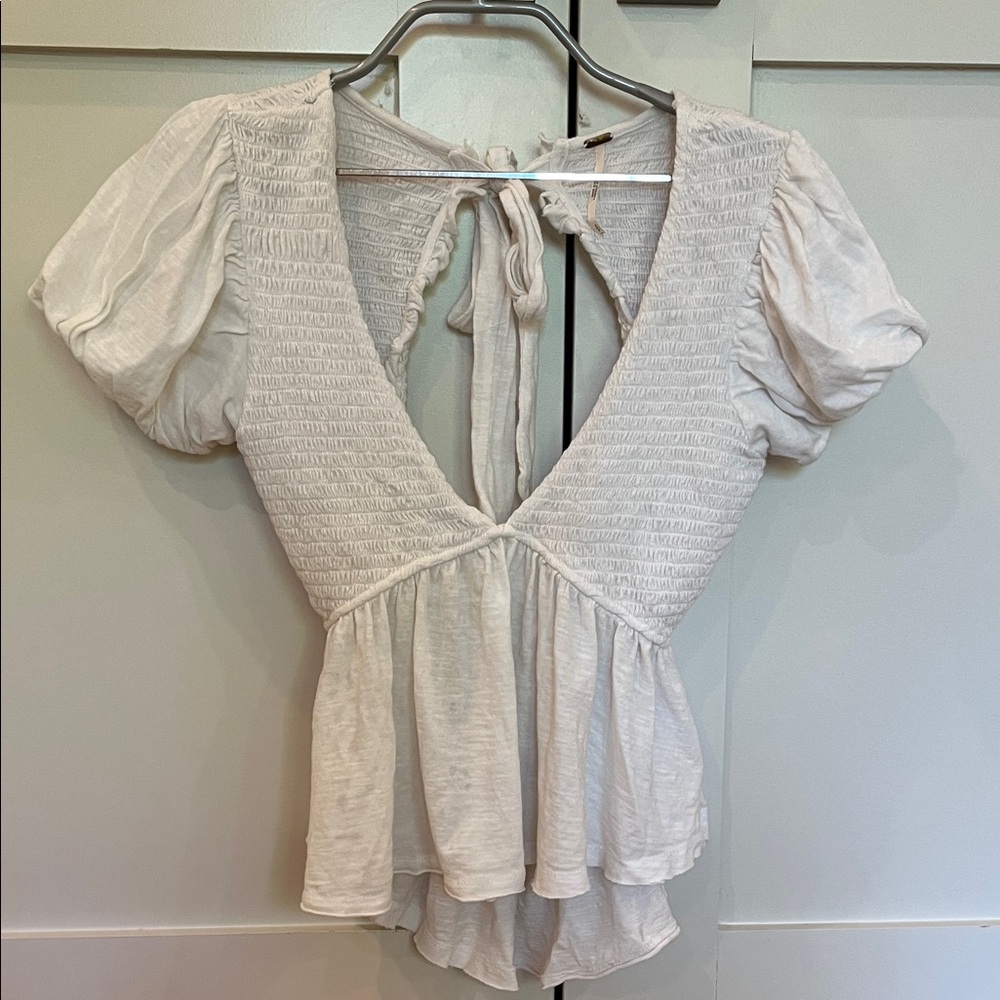 Free People Cream Smocked Puff Sleeve Blouse